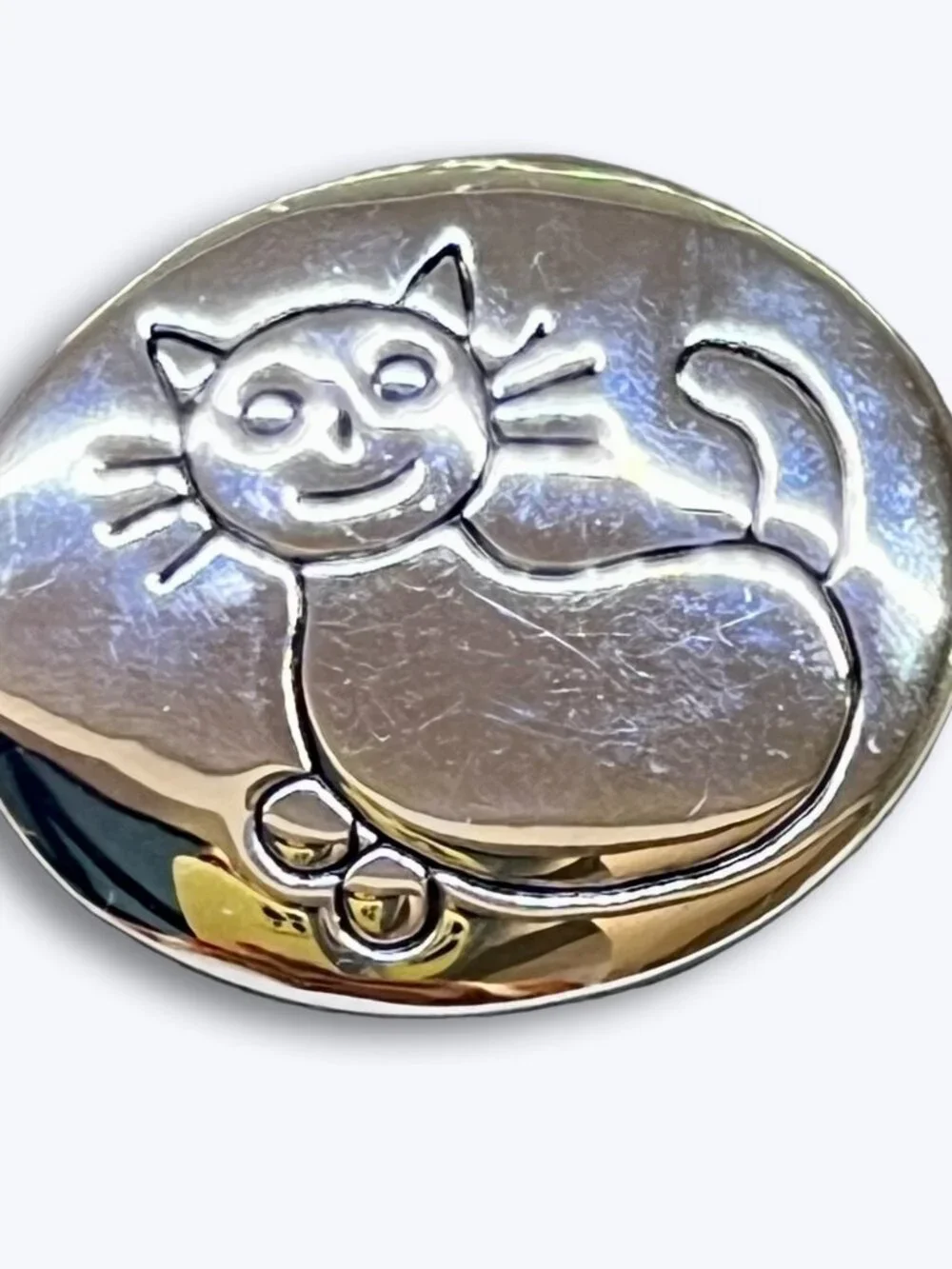 Smiling Cat Pin Kindhearted Woman Folk Art Brooch Silvertone Vtg Kitty Whimsical
